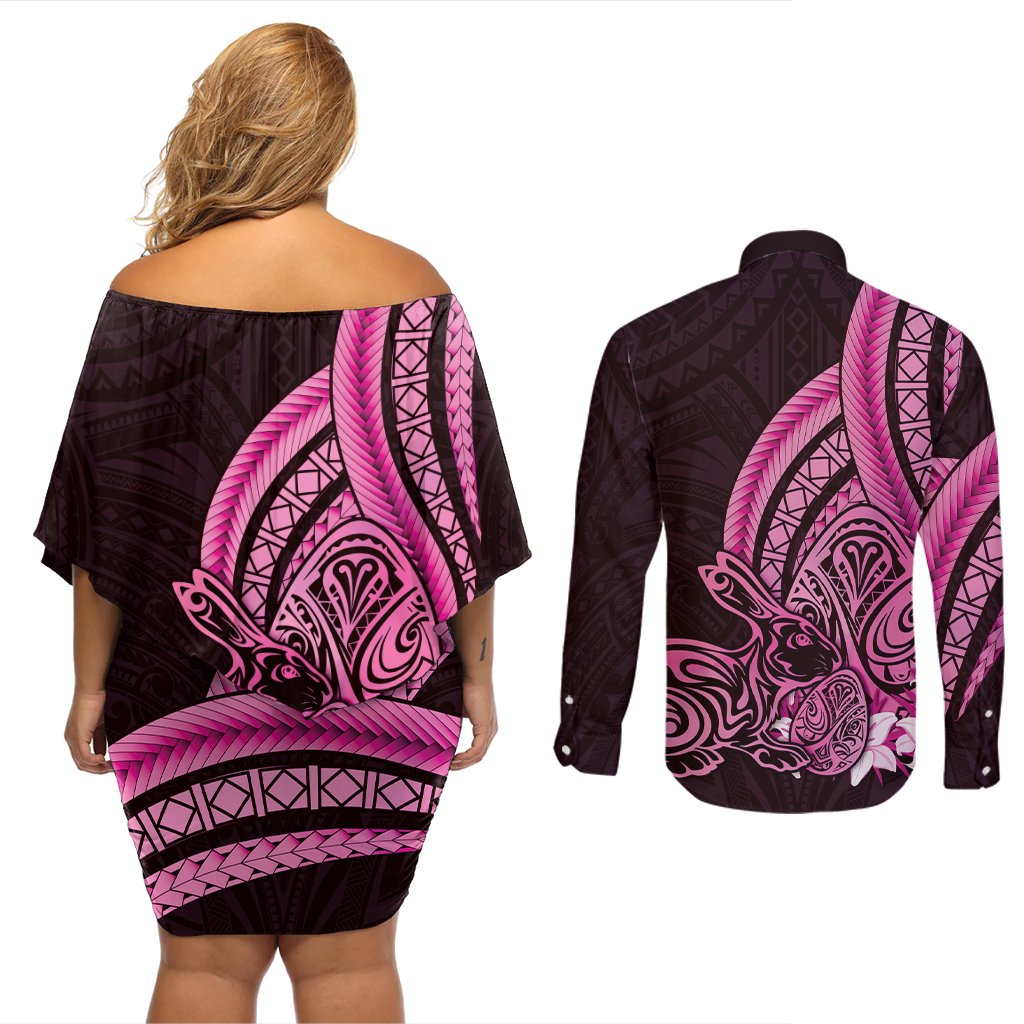 Pink Polynesia Easter Day Couples Matching Off Shoulder Short Dress and Long Sleeve Button Shirt Eggs With Bunny Polynesian Pattern