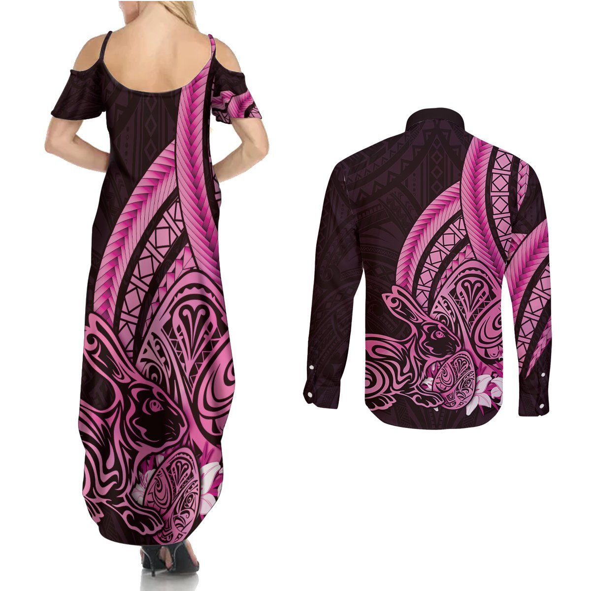 Pink Polynesia Easter Day Couples Matching Summer Maxi Dress and Long Sleeve Button Shirt Eggs With Bunny Polynesian Pattern LT14 - Polynesian Pride