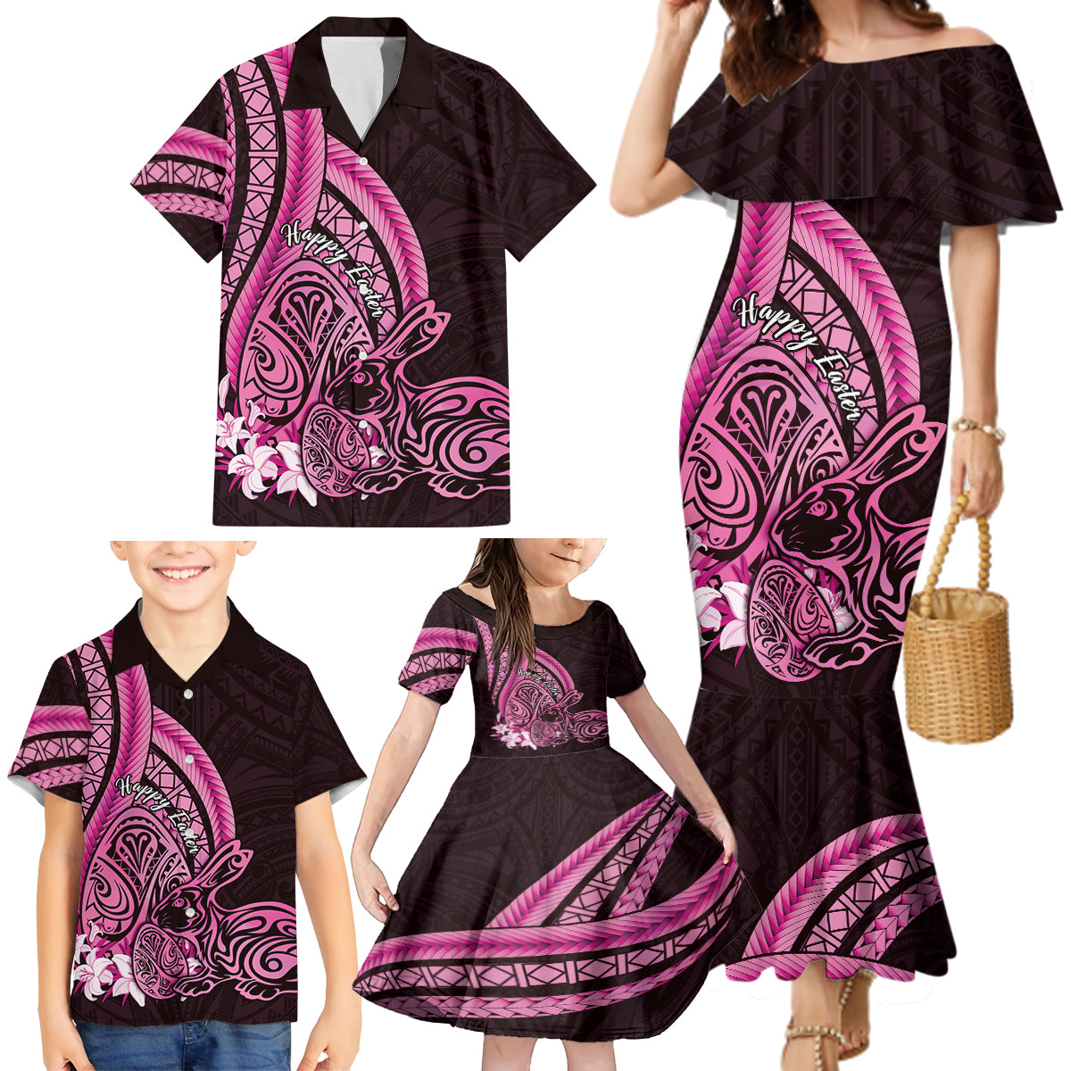 Pink Polynesia Easter Day Family Matching Mermaid Dress and Hawaiian Shirt Eggs With Bunny Polynesian Pattern LT14 - Polynesian Pride