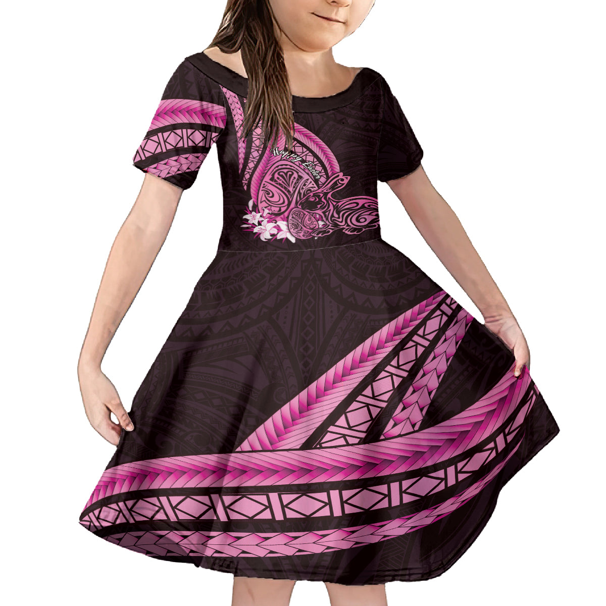 Pink Polynesia Easter Day Family Matching Puletasi and Hawaiian Shirt Eggs With Bunny Polynesian Pattern LT14 Daughter's Dress Pink - Polynesian Pride