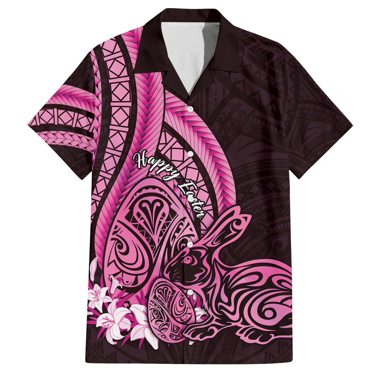 Pink Polynesia Easter Day Family Matching Puletasi and Hawaiian Shirt Eggs With Bunny Polynesian Pattern LT14 Dad's Shirt - Short Sleeve Pink - Polynesian Pride