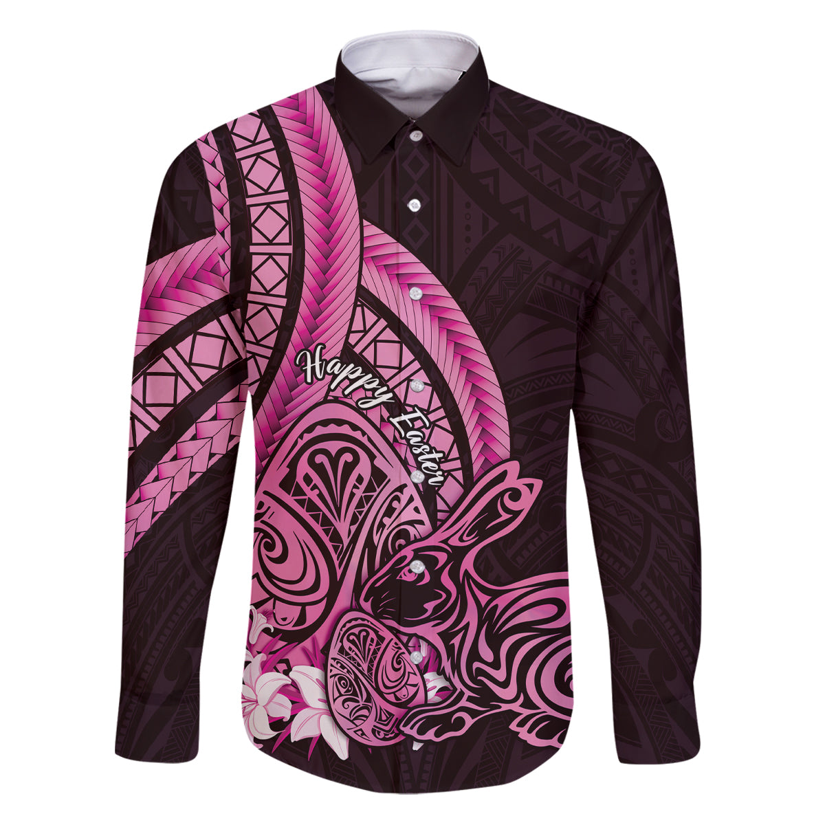 Pink Polynesia Easter Day Family Matching Puletasi and Hawaiian Shirt Eggs With Bunny Polynesian Pattern LT14 Dad's Shirt - Long Sleeve Pink - Polynesian Pride