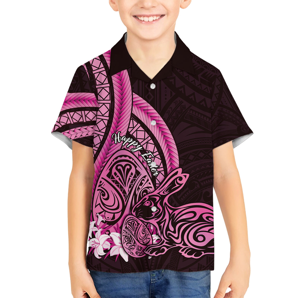 Pink Polynesia Easter Day Family Matching Puletasi and Hawaiian Shirt Eggs With Bunny Polynesian Pattern LT14 Son's Shirt Pink - Polynesian Pride