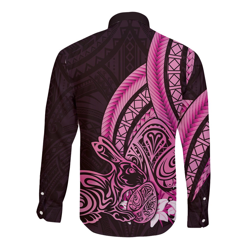 Pink Polynesia Easter Day Long Sleeve Button Shirt Eggs With Bunny Polynesian Pattern