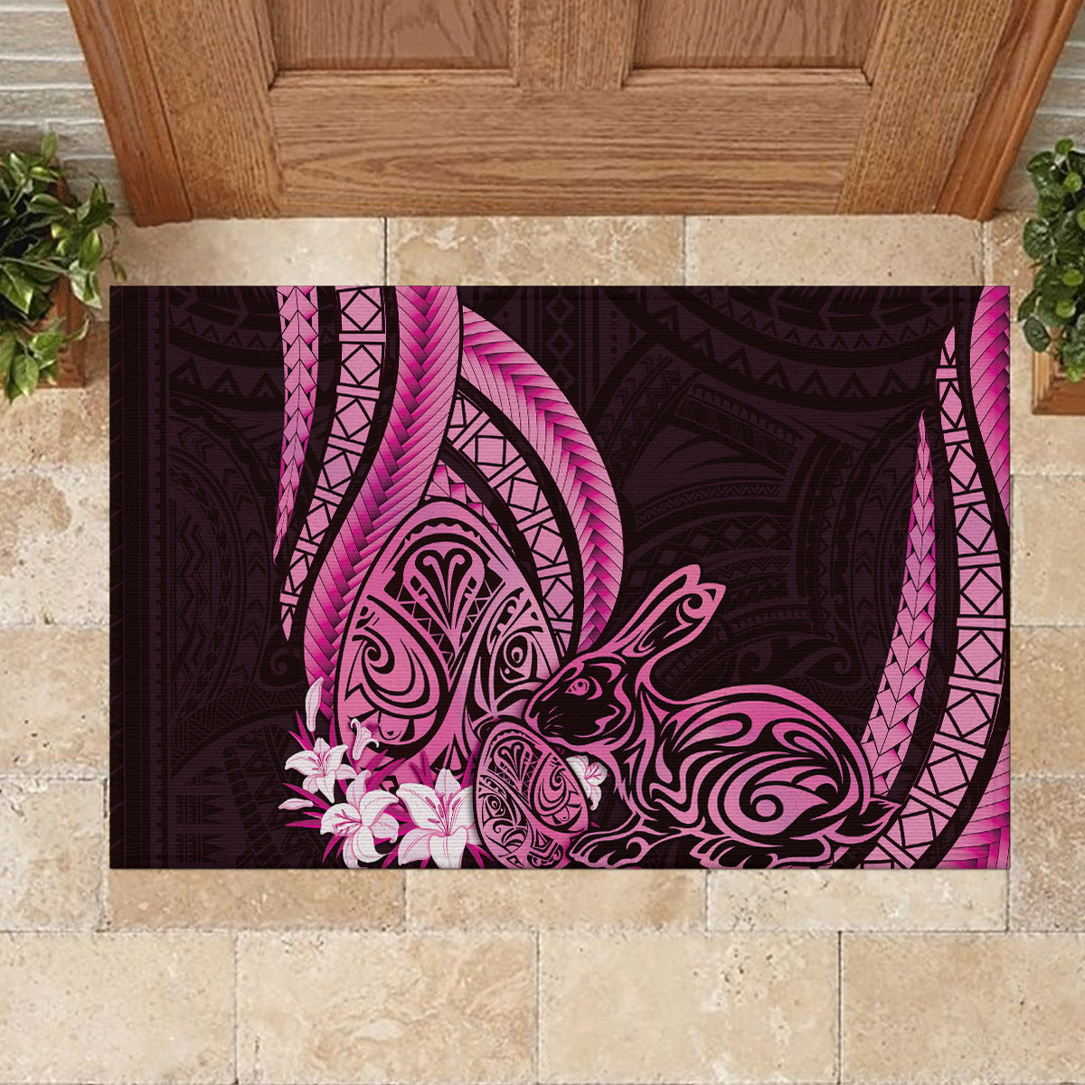 Pink Polynesia Easter Day Rubber Doormat Eggs With Bunny Polynesian Pattern LT14 - Polynesian Pride