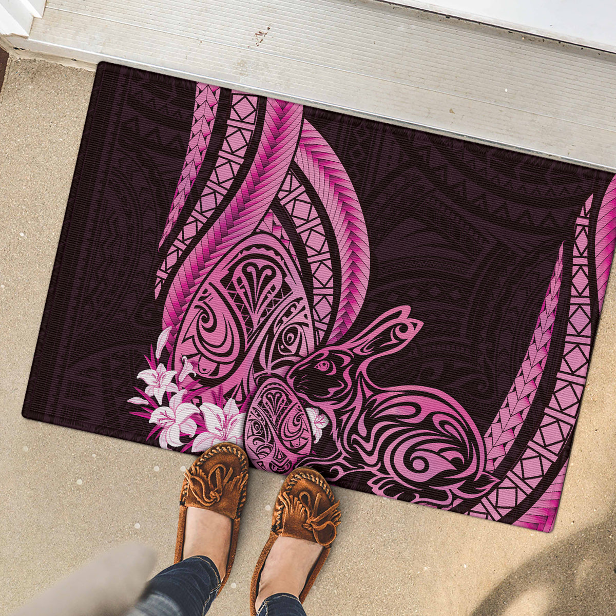 Pink Polynesia Easter Day Rubber Doormat Eggs With Bunny Polynesian Pattern LT14 - Polynesian Pride
