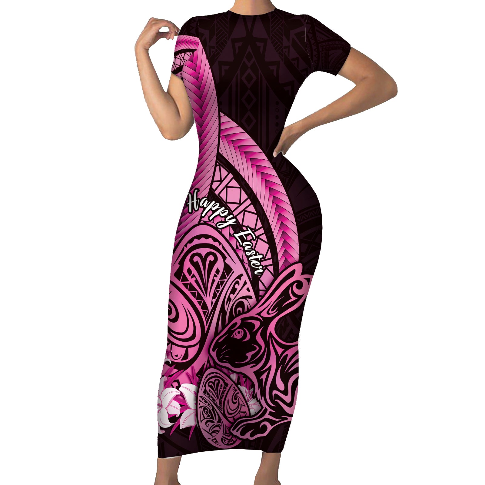 Pink Polynesia Easter Day Short Sleeve Bodycon Dress Eggs With Bunny Polynesian Pattern