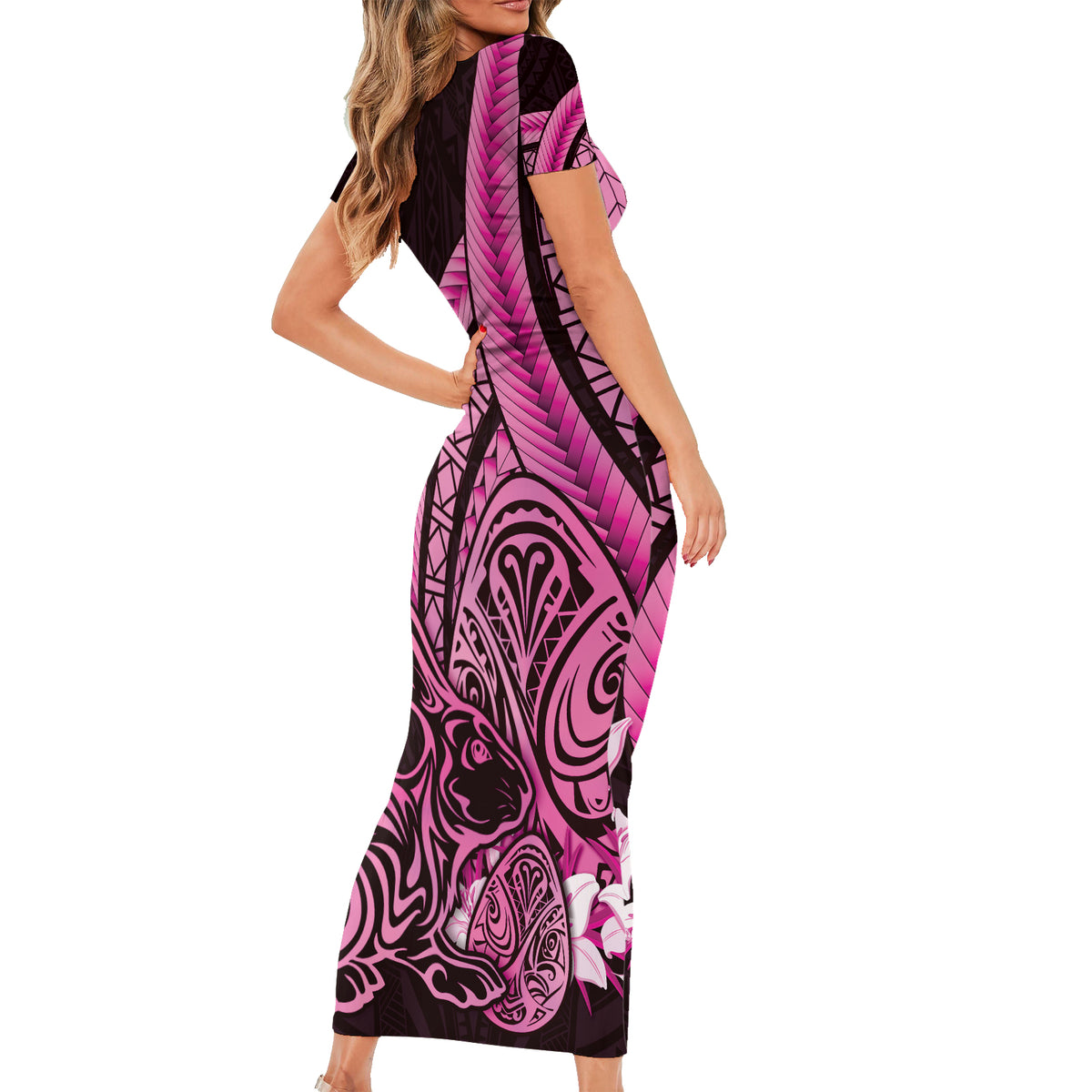 Pink Polynesia Easter Day Short Sleeve Bodycon Dress Eggs With Bunny Polynesian Pattern