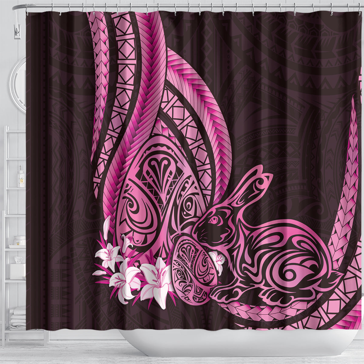 Pink Polynesia Easter Day Shower Curtain Eggs With Bunny Polynesian Pattern LT14 - Polynesian Pride