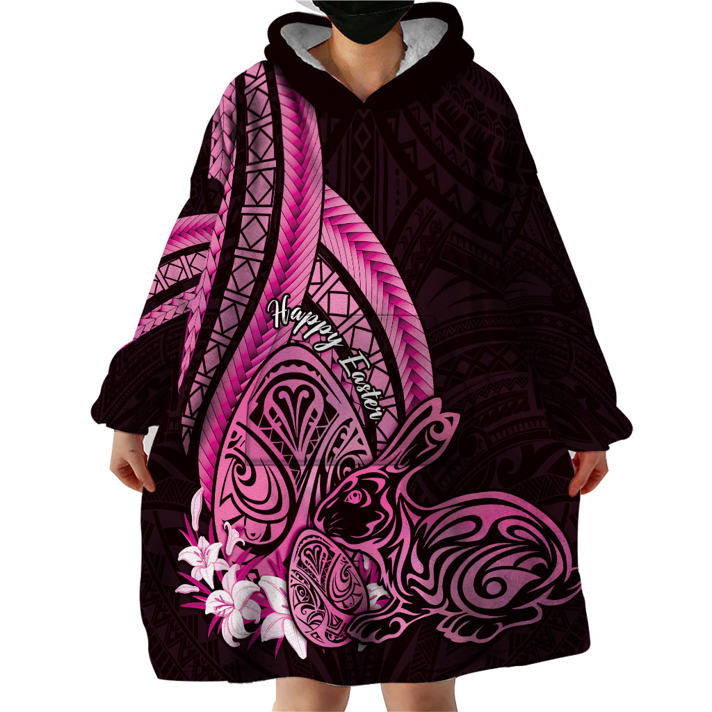 Pink Polynesia Easter Day Wearable Blanket Hoodie Eggs With Bunny Polynesian Pattern
