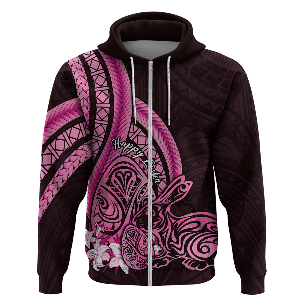 Pink Polynesia Easter Day Zip Hoodie Eggs With Bunny Polynesian Pattern