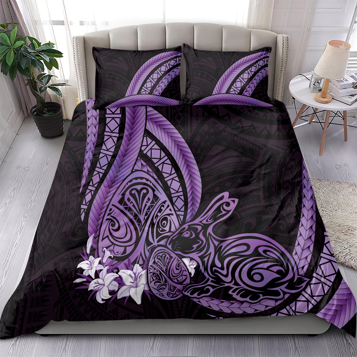 Purple Polynesia Easter Day Bedding Set Eggs With Bunny Polynesian Pattern