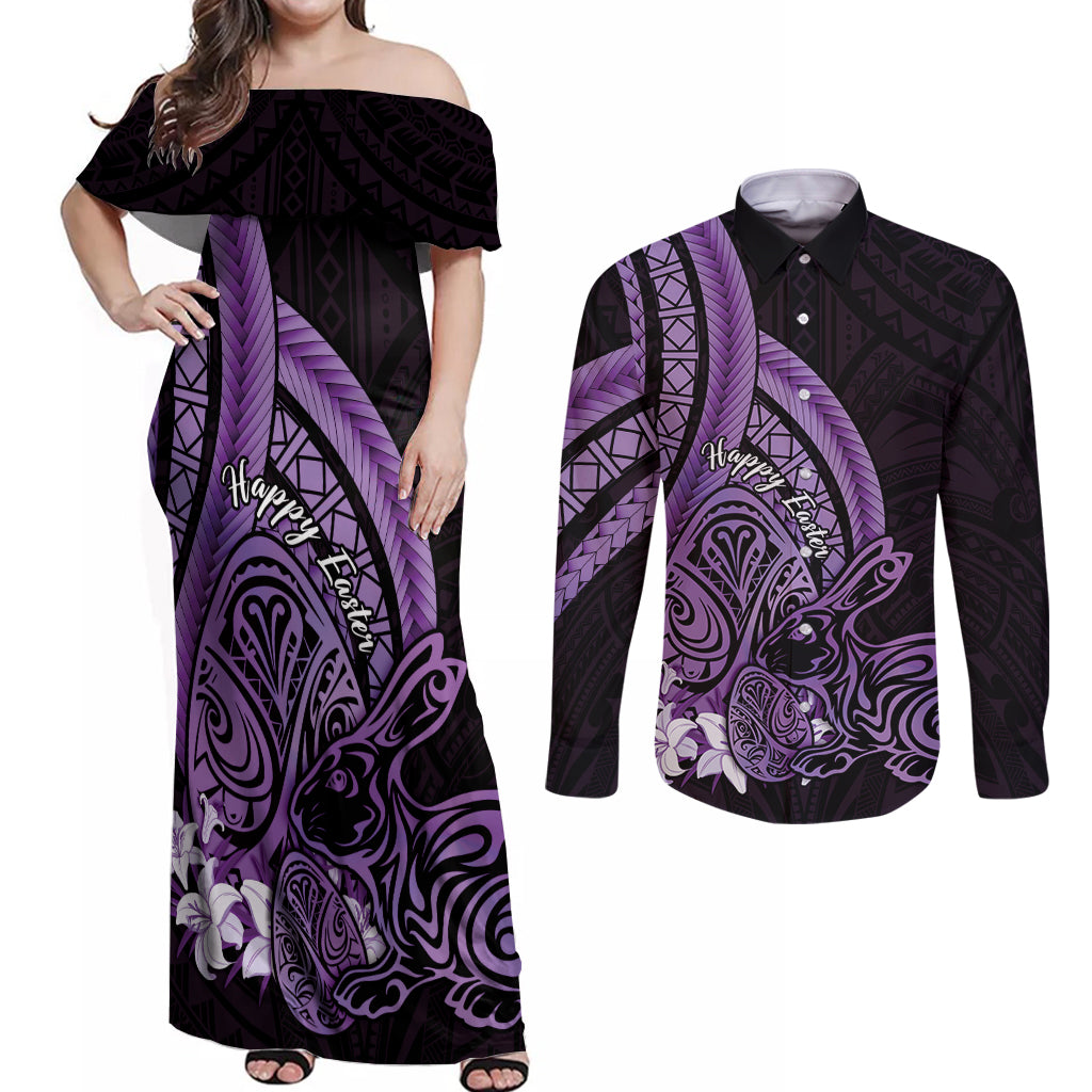 Purple Polynesia Easter Day Couples Matching Off Shoulder Maxi Dress and Long Sleeve Button Shirt Eggs With Bunny Polynesian Pattern LT14 Purple - Polynesian Pride
