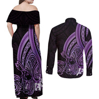 Purple Polynesia Easter Day Couples Matching Off Shoulder Maxi Dress and Long Sleeve Button Shirt Eggs With Bunny Polynesian Pattern