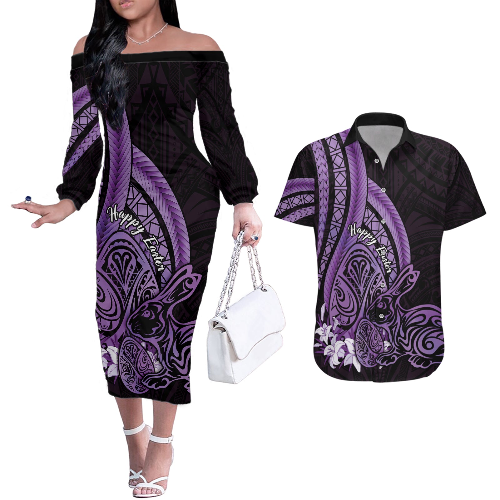 Purple Polynesia Easter Day Couples Matching Off The Shoulder Long Sleeve Dress and Hawaiian Shirt Eggs With Bunny Polynesian Pattern