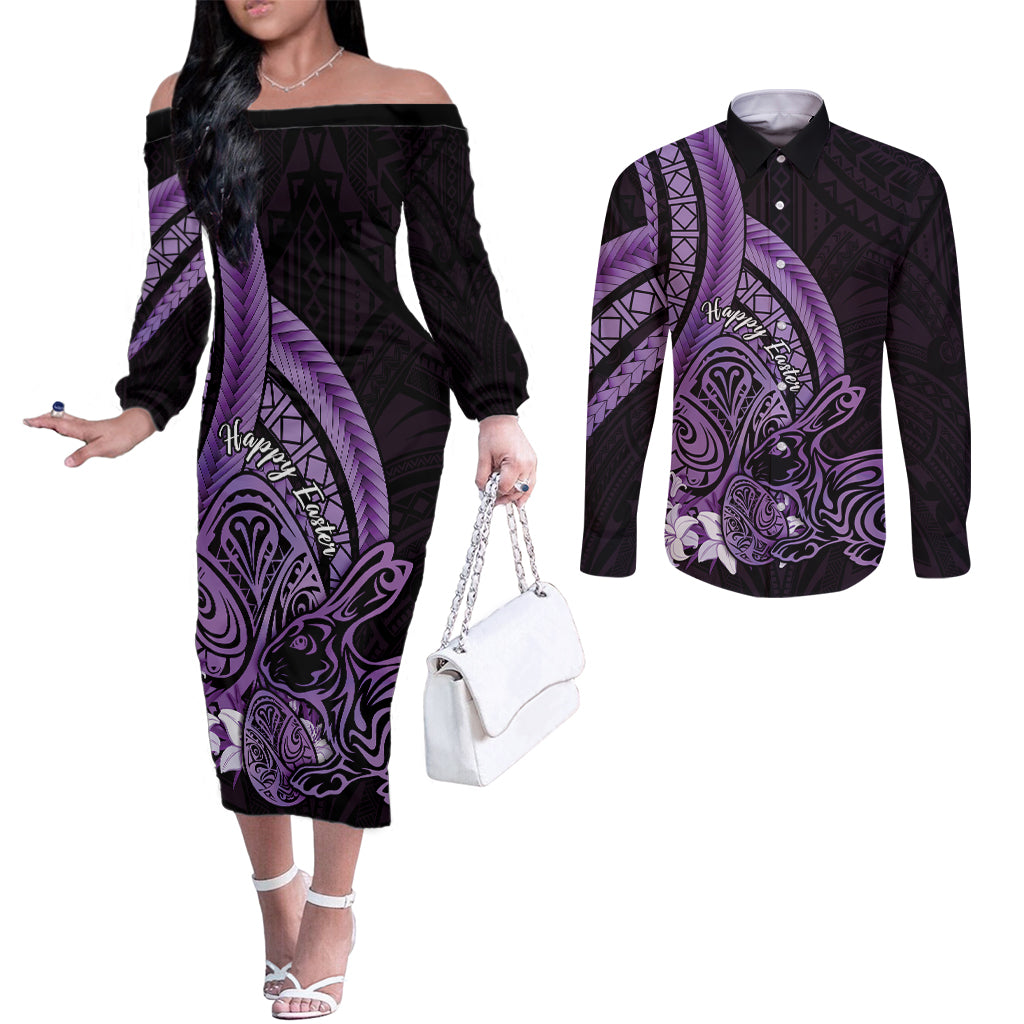 Purple Polynesia Easter Day Couples Matching Off The Shoulder Long Sleeve Dress and Long Sleeve Button Shirt Eggs With Bunny Polynesian Pattern