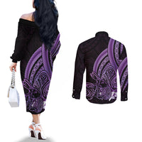 Purple Polynesia Easter Day Couples Matching Off The Shoulder Long Sleeve Dress and Long Sleeve Button Shirt Eggs With Bunny Polynesian Pattern