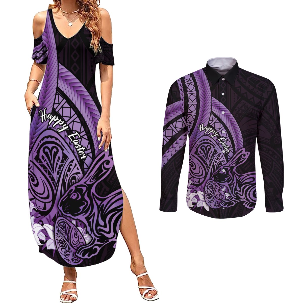 Purple Polynesia Easter Day Couples Matching Summer Maxi Dress and Long Sleeve Button Shirt Eggs With Bunny Polynesian Pattern LT14 Purple - Polynesian Pride