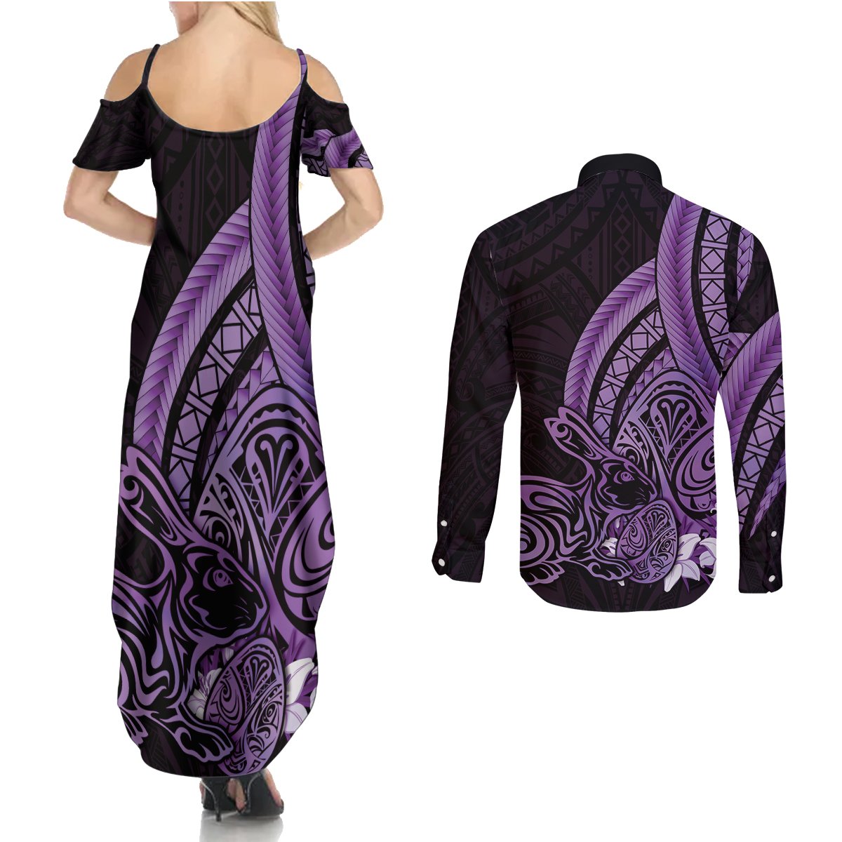 Purple Polynesia Easter Day Couples Matching Summer Maxi Dress and Long Sleeve Button Shirt Eggs With Bunny Polynesian Pattern