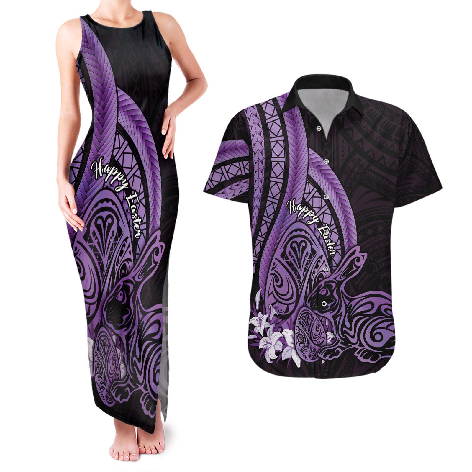 Purple Polynesia Easter Day Couples Matching Tank Maxi Dress and Hawaiian Shirt Eggs With Bunny Polynesian Pattern