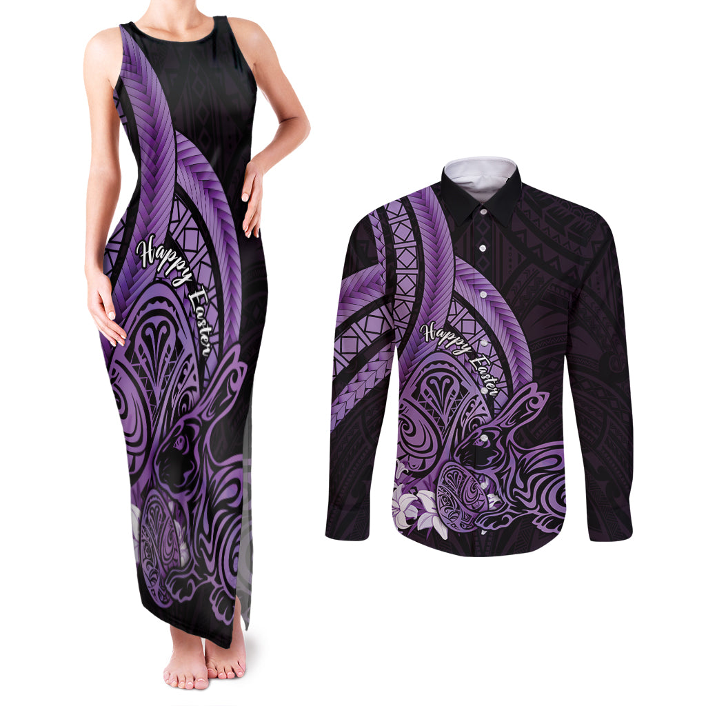 Purple Polynesia Easter Day Couples Matching Tank Maxi Dress and Long Sleeve Button Shirt Eggs With Bunny Polynesian Pattern LT14 Purple - Polynesian Pride