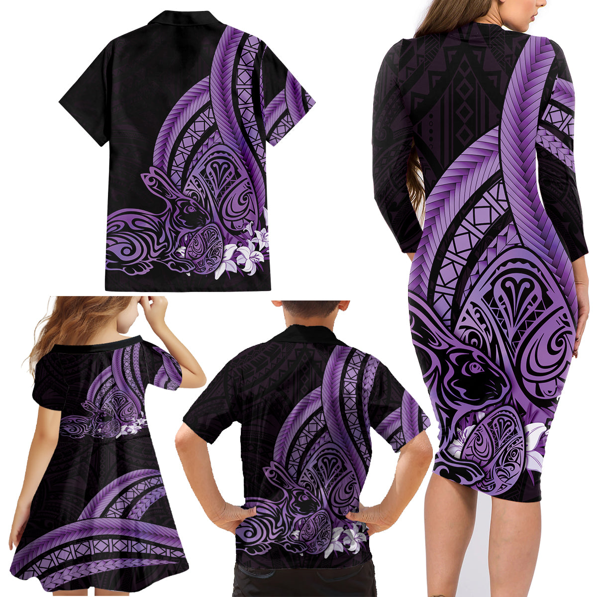 Purple Polynesia Easter Day Family Matching Long Sleeve Bodycon Dress and Hawaiian Shirt Eggs With Bunny Polynesian Pattern