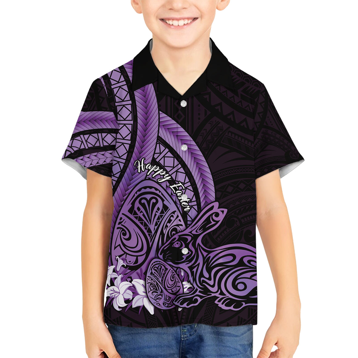 Purple Polynesia Easter Day Family Matching Long Sleeve Bodycon Dress and Hawaiian Shirt Eggs With Bunny Polynesian Pattern