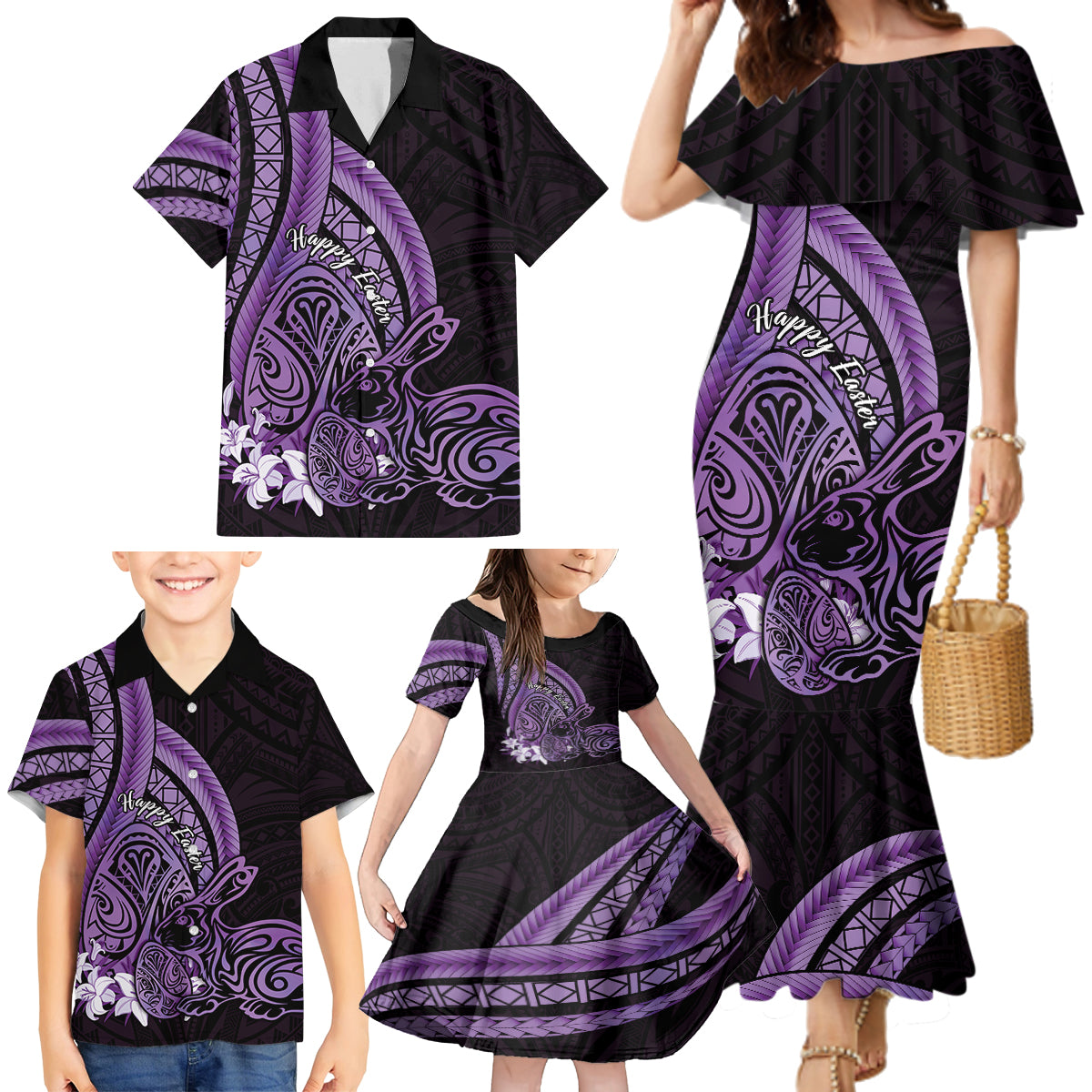 Purple Polynesia Easter Day Family Matching Mermaid Dress and Hawaiian Shirt Eggs With Bunny Polynesian Pattern LT14 - Polynesian Pride