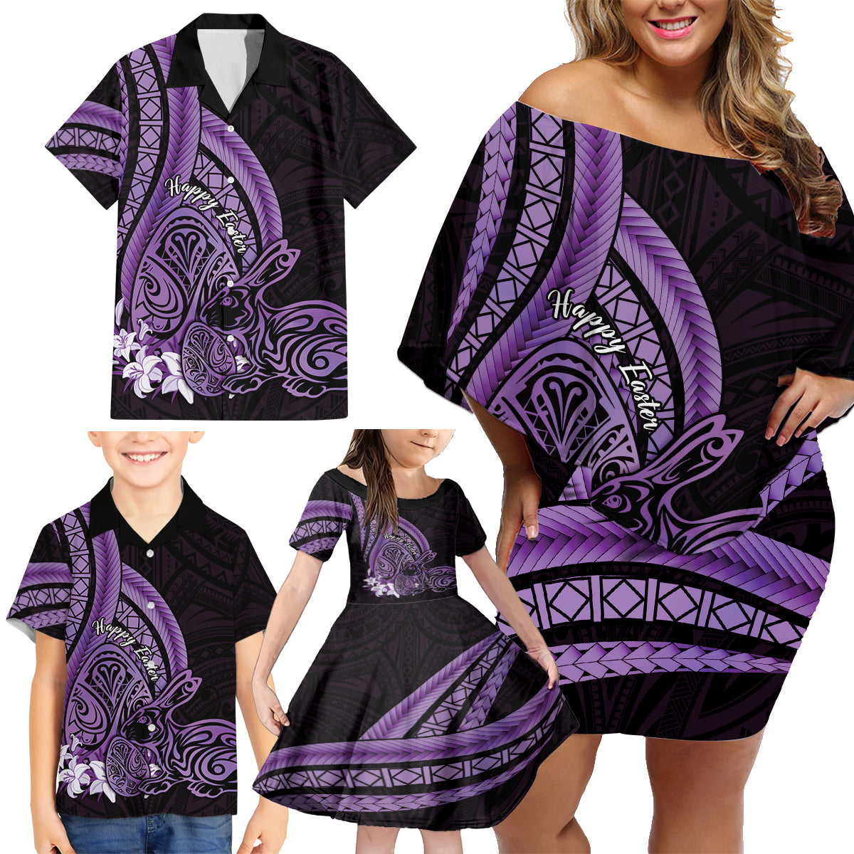 Purple Polynesia Easter Day Family Matching Off Shoulder Short Dress and Hawaiian Shirt Eggs With Bunny Polynesian Pattern LT14 - Polynesian Pride