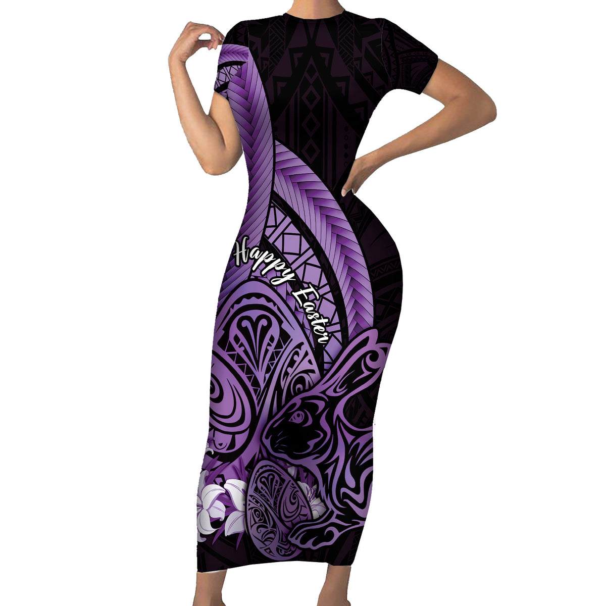 Purple Polynesia Easter Day Family Matching Short Sleeve Bodycon Dress and Hawaiian Shirt Eggs With Bunny Polynesian Pattern