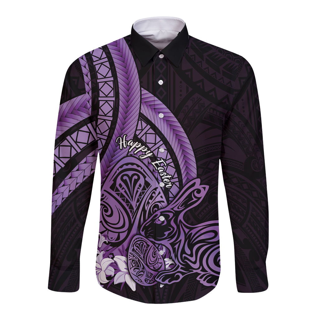 Purple Polynesia Easter Day Long Sleeve Button Shirt Eggs With Bunny Polynesian Pattern