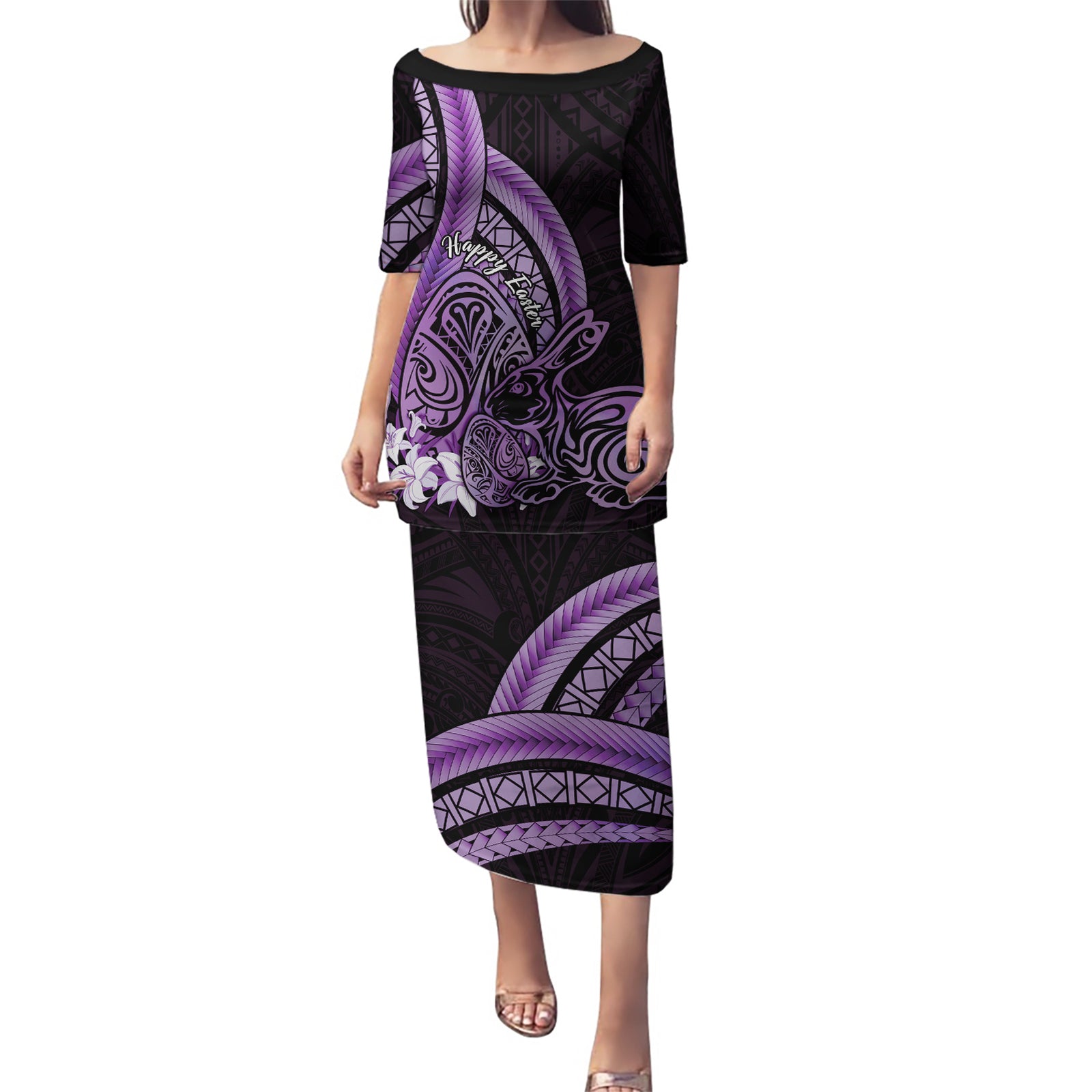 Purple Polynesia Easter Day Puletasi Eggs With Bunny Polynesian Pattern