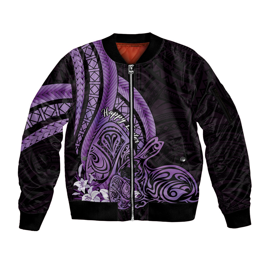 Purple Polynesia Easter Day Sleeve Zip Bomber Jacket Eggs With Bunny Polynesian Pattern