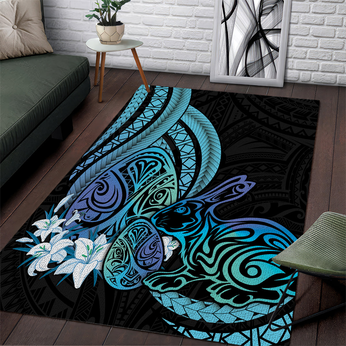 Turquoise Polynesia Easter Day Area Rug Eggs With Bunny Polynesian Pattern