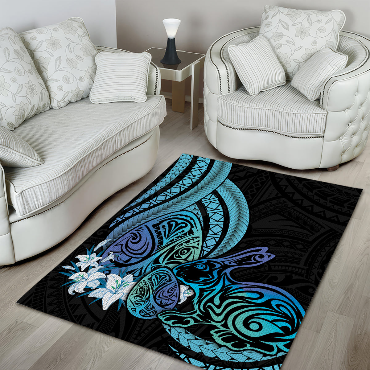 Turquoise Polynesia Easter Day Area Rug Eggs With Bunny Polynesian Pattern