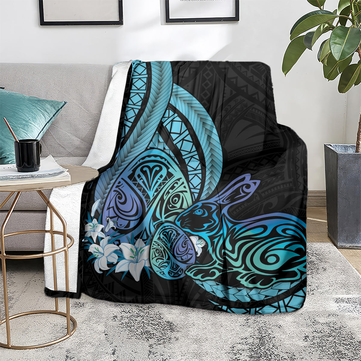 Turquoise Polynesia Easter Day Blanket Eggs With Bunny Polynesian Pattern