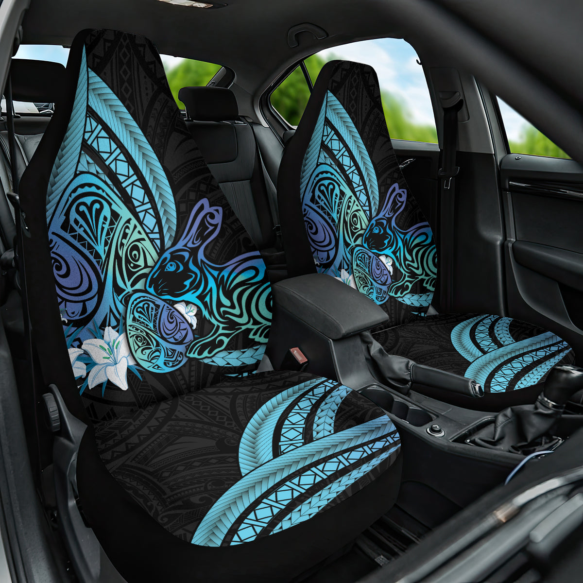 Turquoise Polynesia Easter Day Car Seat Cover Eggs With Bunny Polynesian Pattern