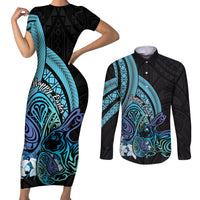 Turquoise Polynesia Easter Day Couples Matching Short Sleeve Bodycon Dress and Long Sleeve Button Shirt Eggs With Bunny Polynesian Pattern