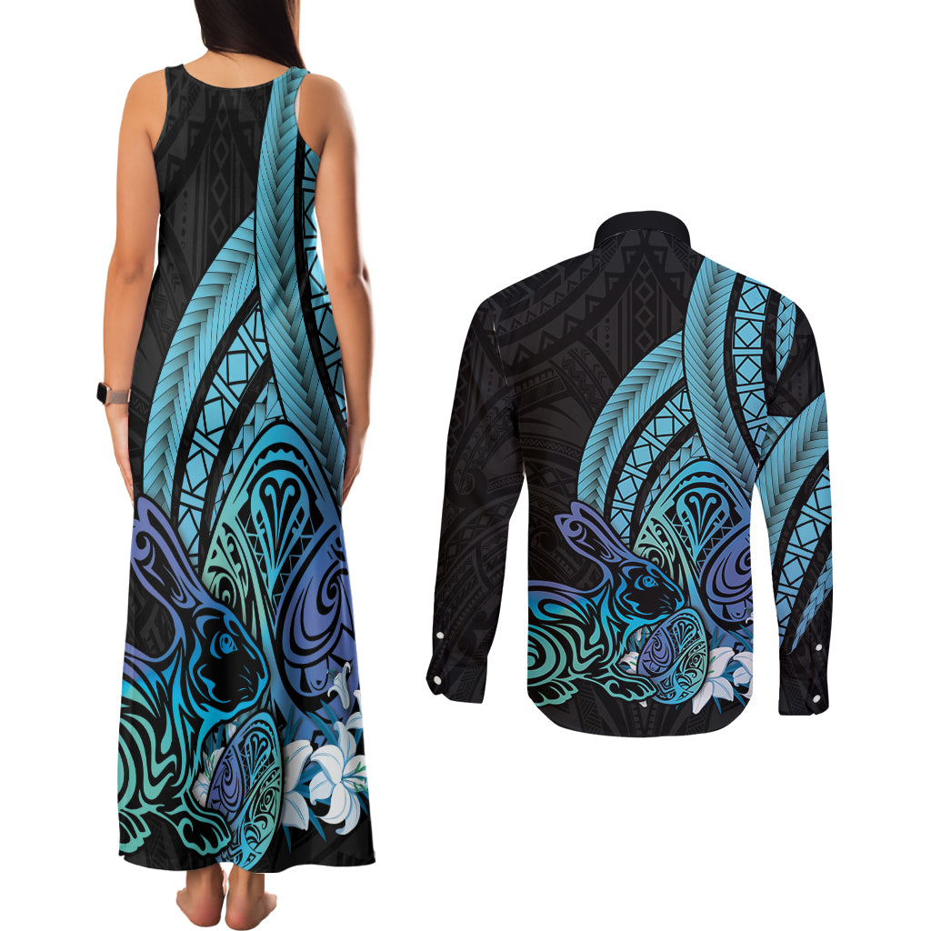 Turquoise Polynesia Easter Day Couples Matching Tank Maxi Dress and Long Sleeve Button Shirt Eggs With Bunny Polynesian Pattern