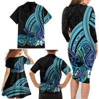 Turquoise Polynesia Easter Day Family Matching Long Sleeve Bodycon Dress and Hawaiian Shirt Eggs With Bunny Polynesian Pattern