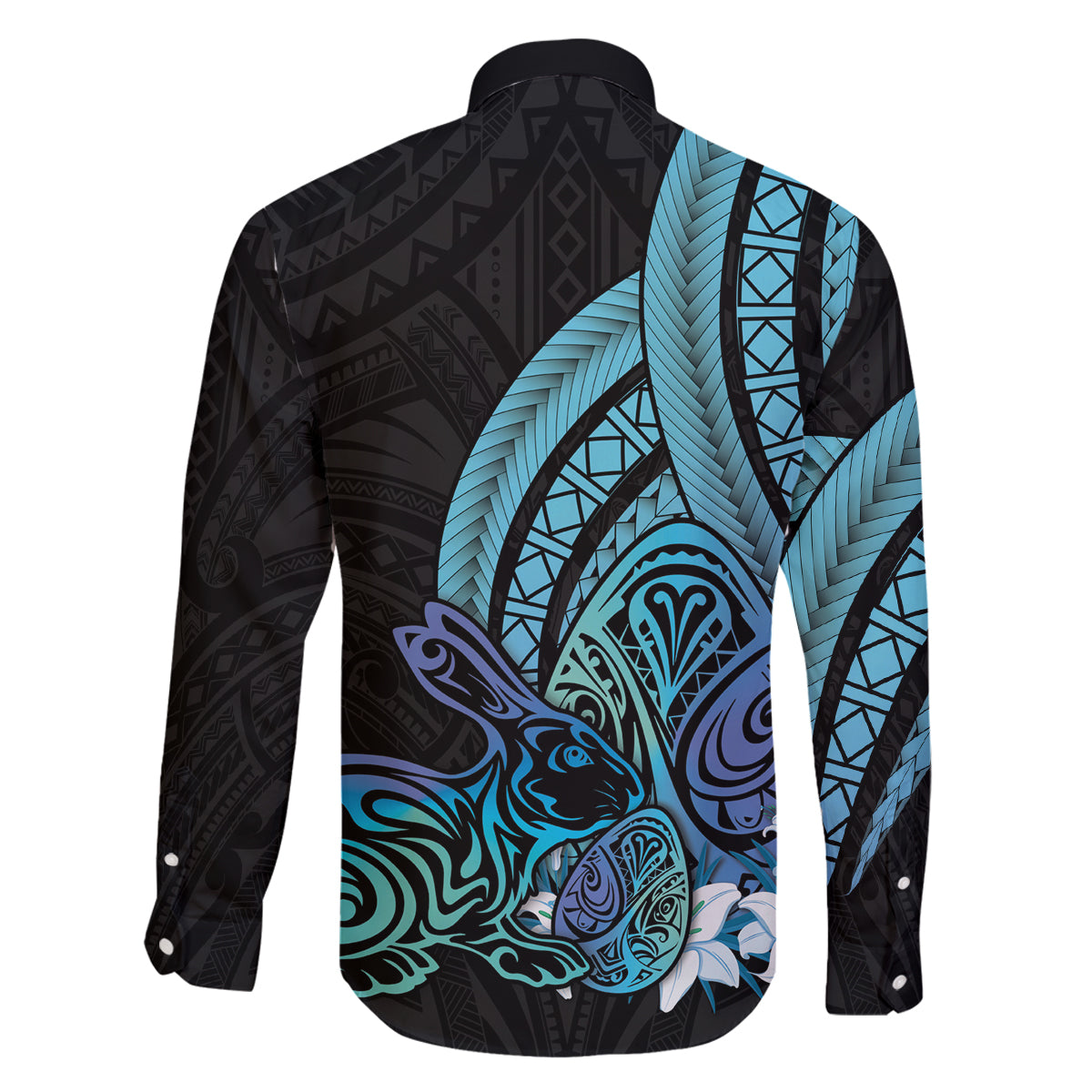 Turquoise Polynesia Easter Day Family Matching Long Sleeve Bodycon Dress and Hawaiian Shirt Eggs With Bunny Polynesian Pattern