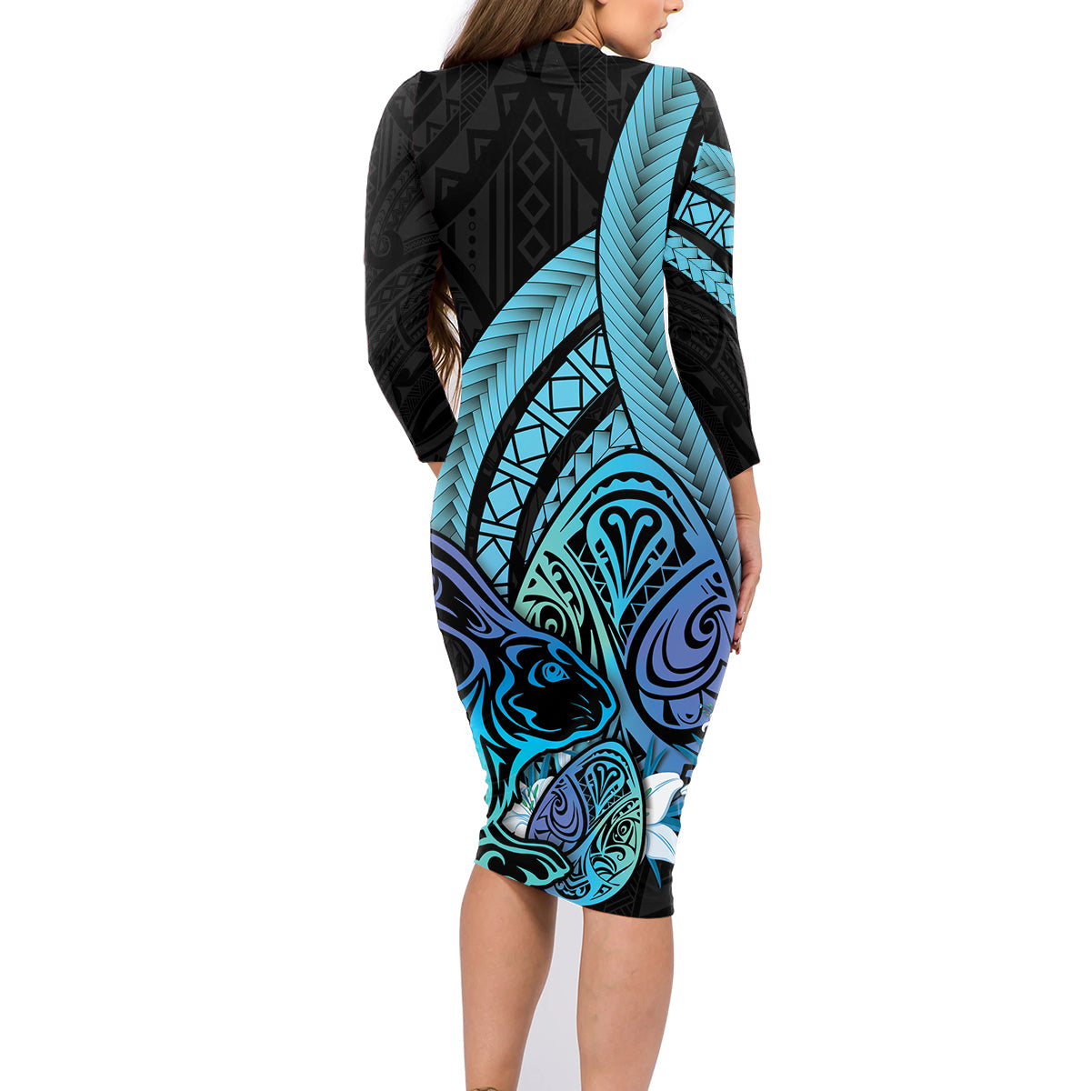 Turquoise Polynesia Easter Day Family Matching Long Sleeve Bodycon Dress and Hawaiian Shirt Eggs With Bunny Polynesian Pattern