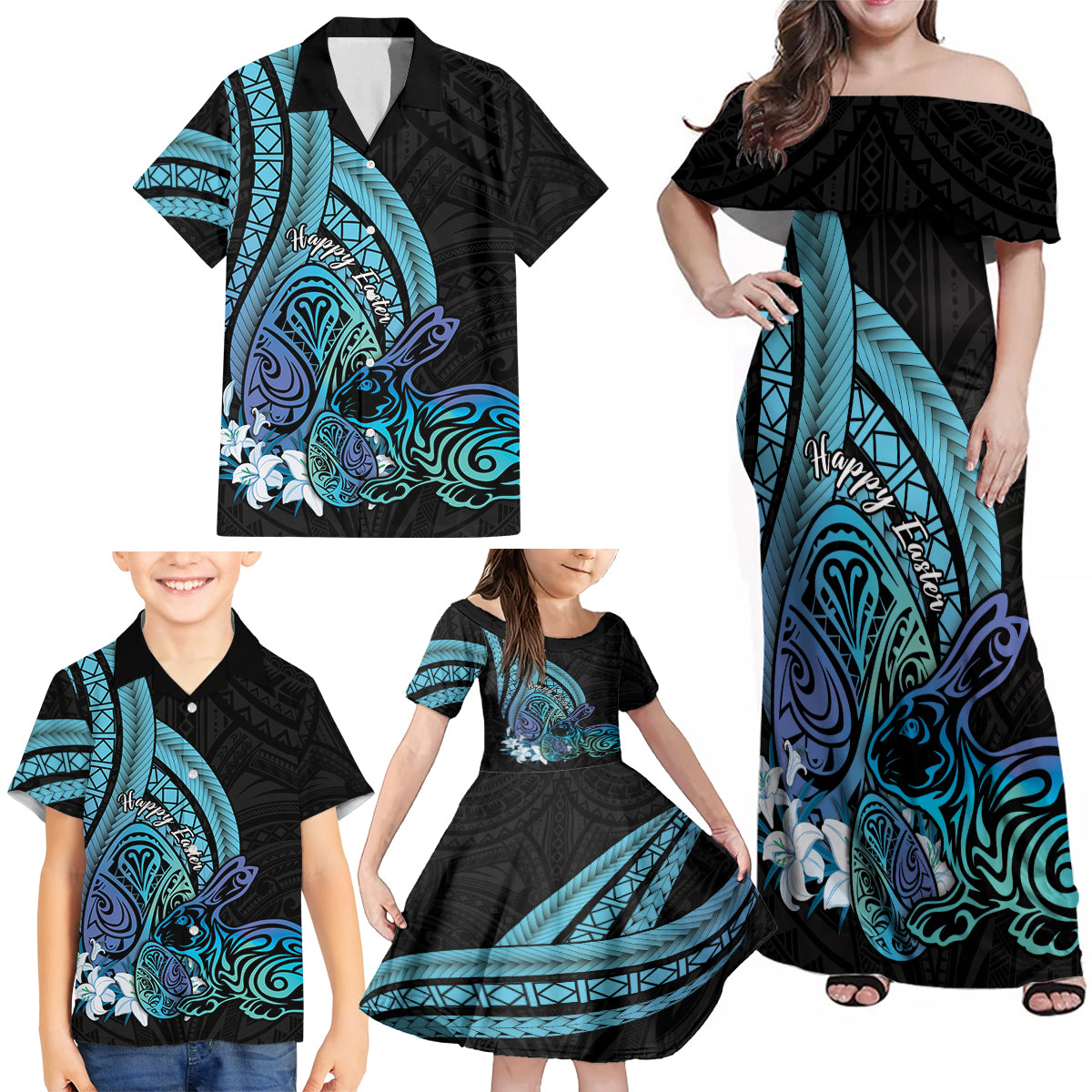 Turquoise Polynesia Easter Day Family Matching Off Shoulder Maxi Dress and Hawaiian Shirt Eggs With Bunny Polynesian Pattern LT14 - Polynesian Pride