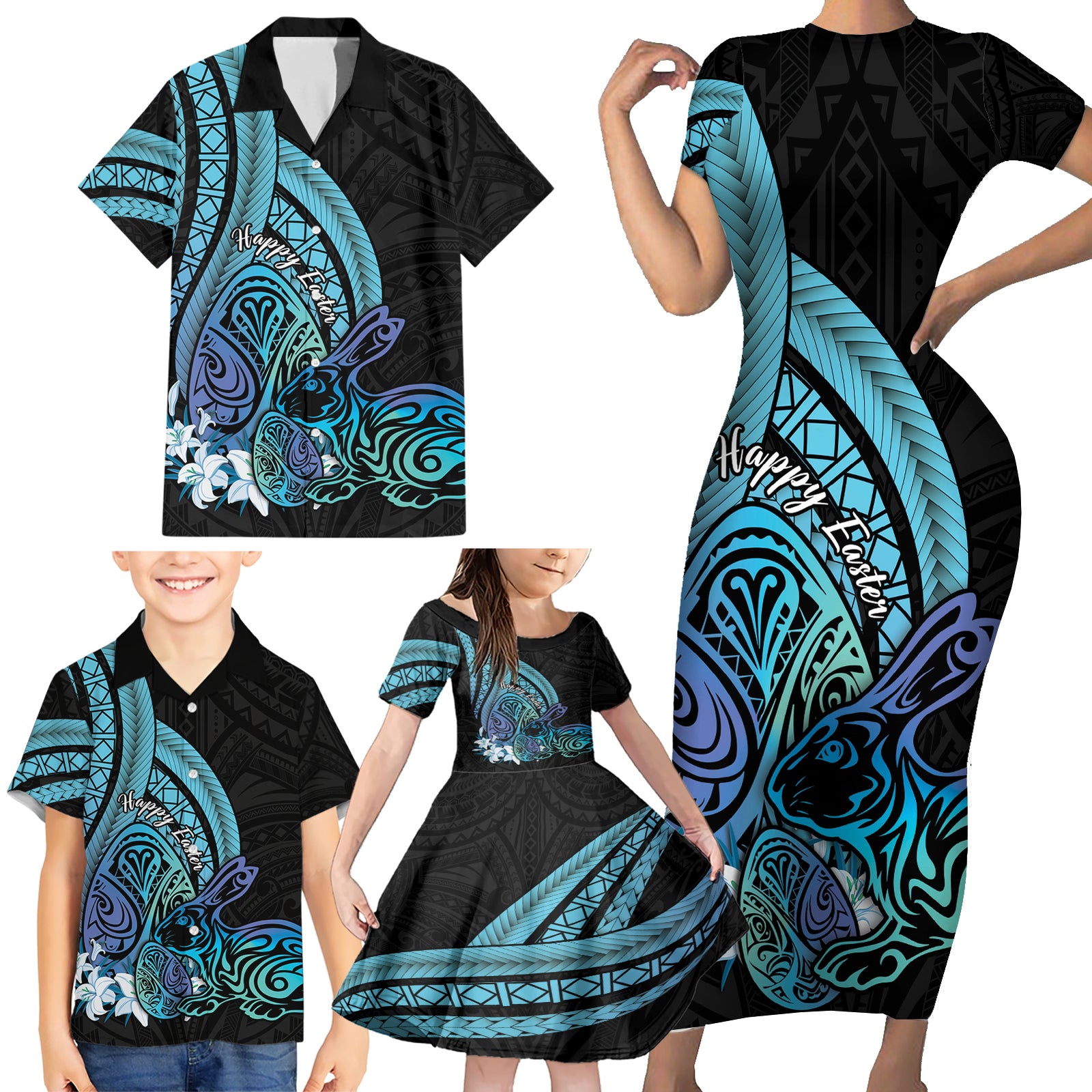 Turquoise Polynesia Easter Day Family Matching Short Sleeve Bodycon Dress and Hawaiian Shirt Eggs With Bunny Polynesian Pattern LT14 - Polynesian Pride