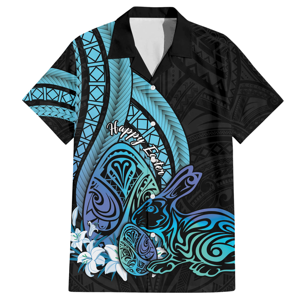 Turquoise Polynesia Easter Day Family Matching Short Sleeve Bodycon Dress and Hawaiian Shirt Eggs With Bunny Polynesian Pattern
