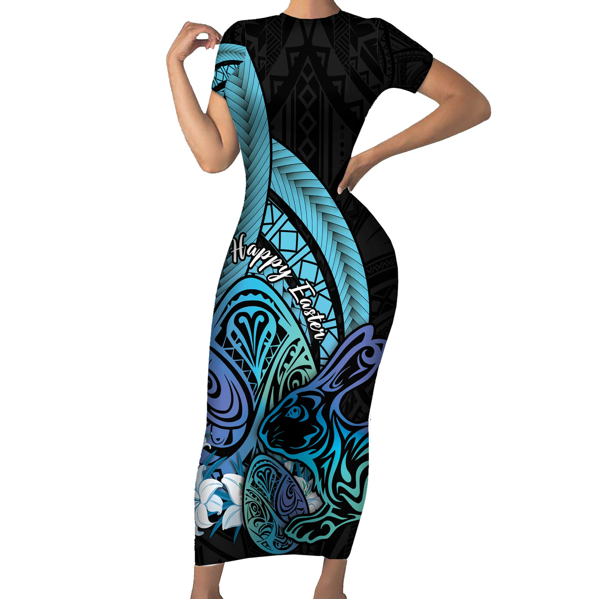 Turquoise Polynesia Easter Day Family Matching Short Sleeve Bodycon Dress and Hawaiian Shirt Eggs With Bunny Polynesian Pattern