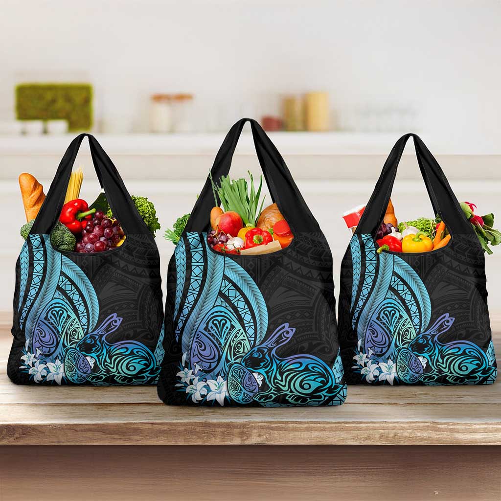 Turquoise Polynesia Easter Day Grocery Bag Eggs With Bunny Polynesian Pattern