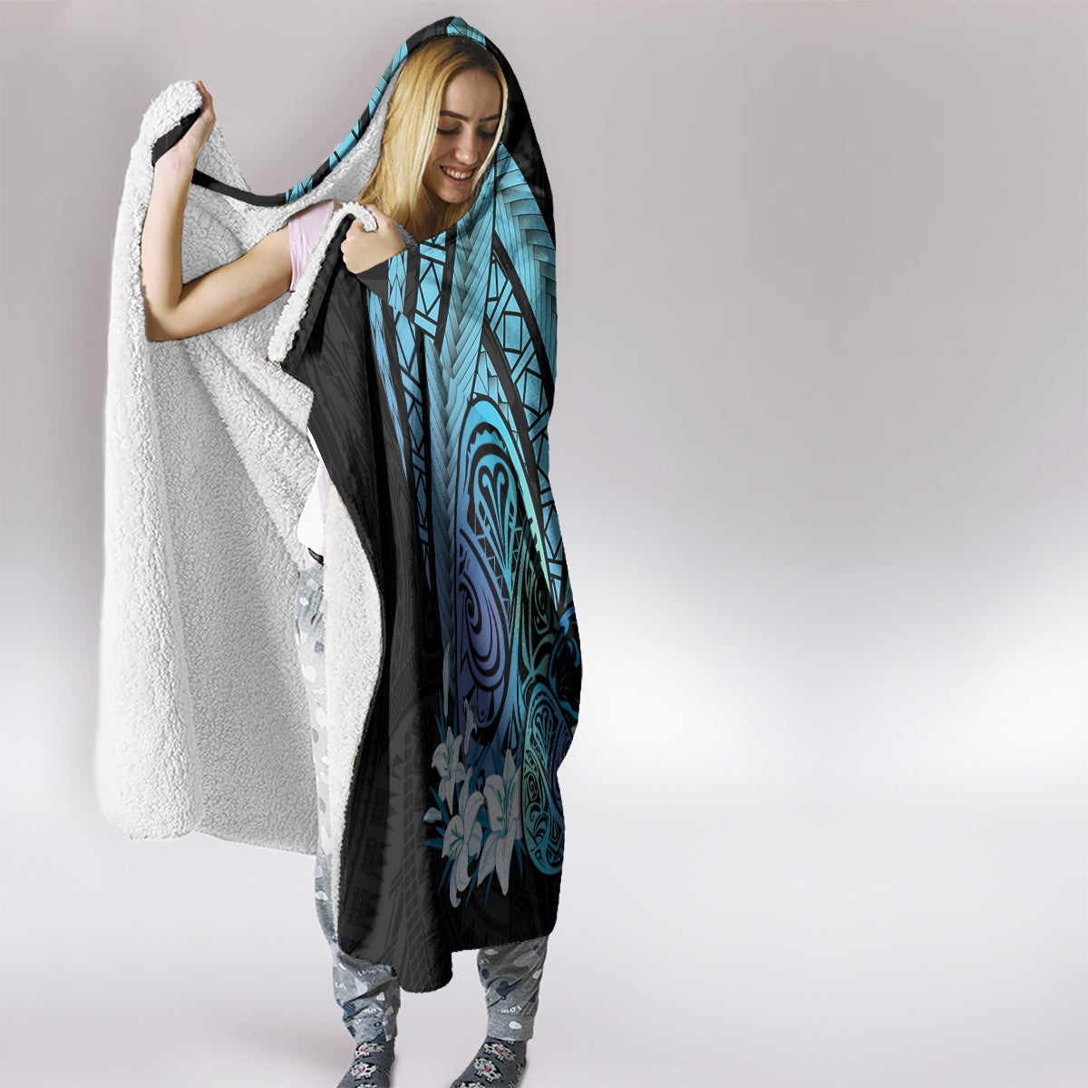 Turquoise Polynesia Easter Day Hooded Blanket Eggs With Bunny Polynesian Pattern