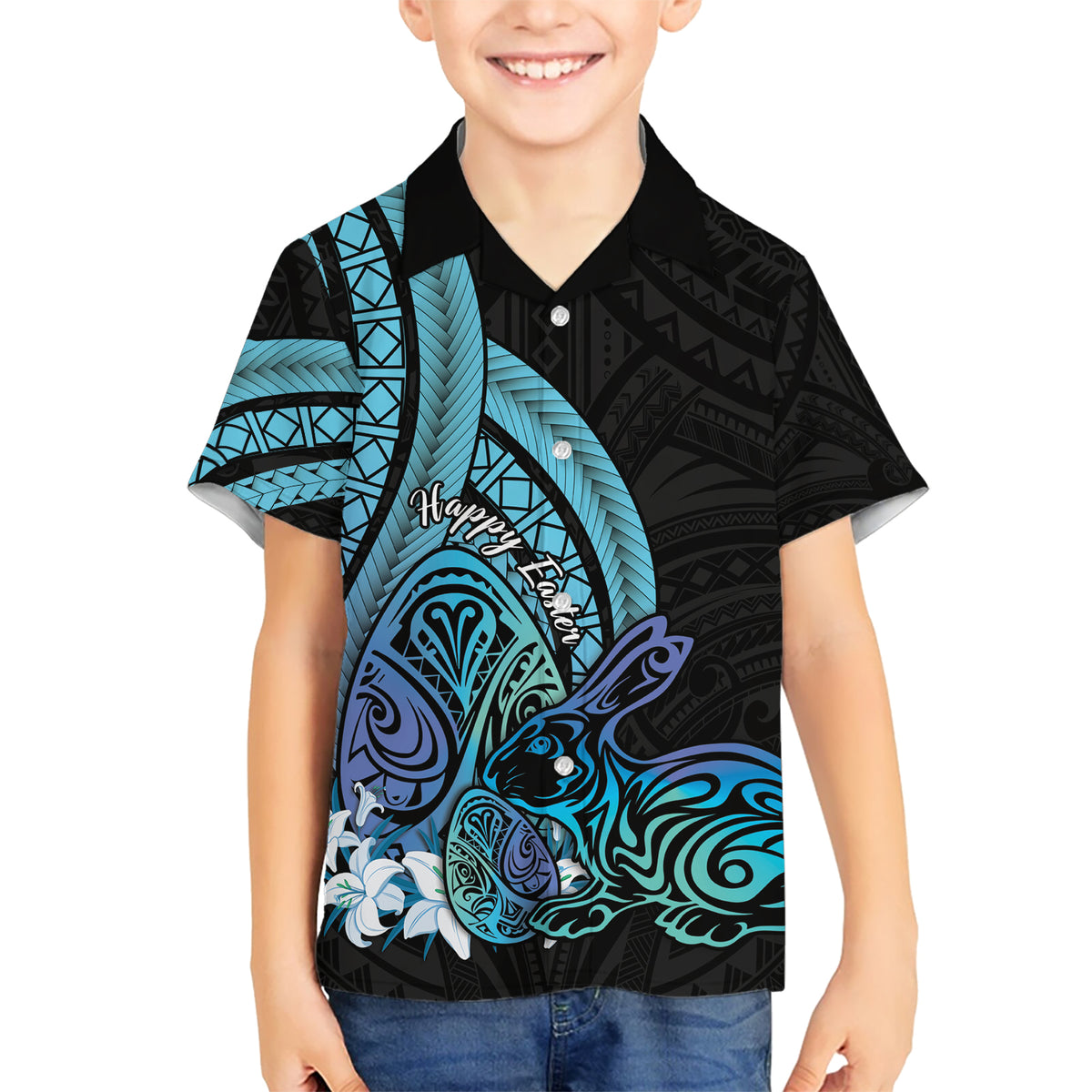 Turquoise Polynesia Easter Day Kid Hawaiian Shirt Eggs With Bunny Polynesian Pattern