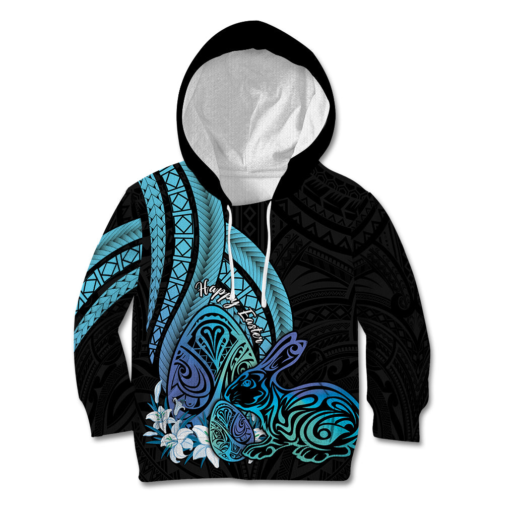 Turquoise Polynesia Easter Day Kid Hoodie Eggs With Bunny Polynesian Pattern